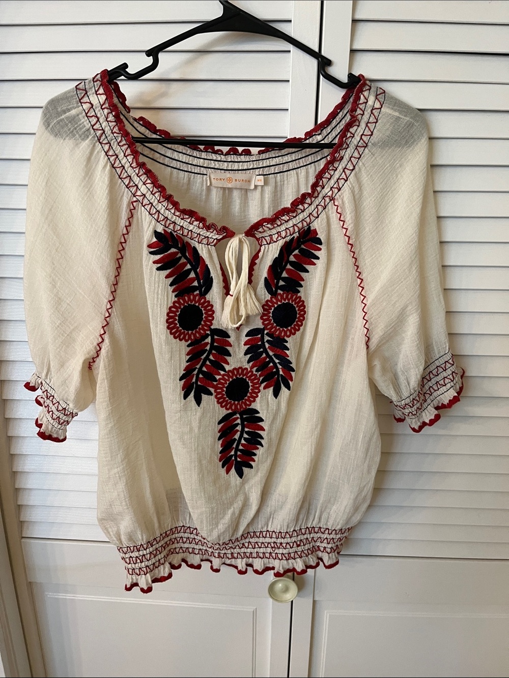 Tory Burch Cream Peasant Blouse with Red & Black Embroidery